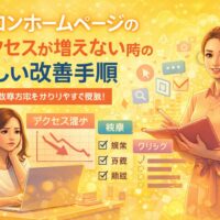 サロンのホームページでアクセスが増えない状況を、下落グラフと改善を示す人物対比で表し、原因把握と正しい改善手順を視覚的に示している