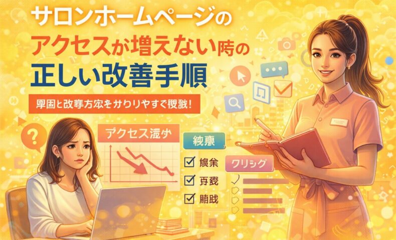 サロンのホームページでアクセスが増えない状況を、下落グラフと改善を示す人物対比で表し、原因把握と正しい改善手順を視覚的に示している