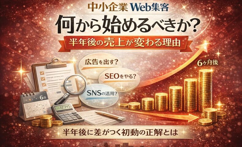 中小企業Web集客で何から始めるかによって、広告・SEO・SNSの選択が分かれ、半年後の売上成長に差が出る流れを示した構成