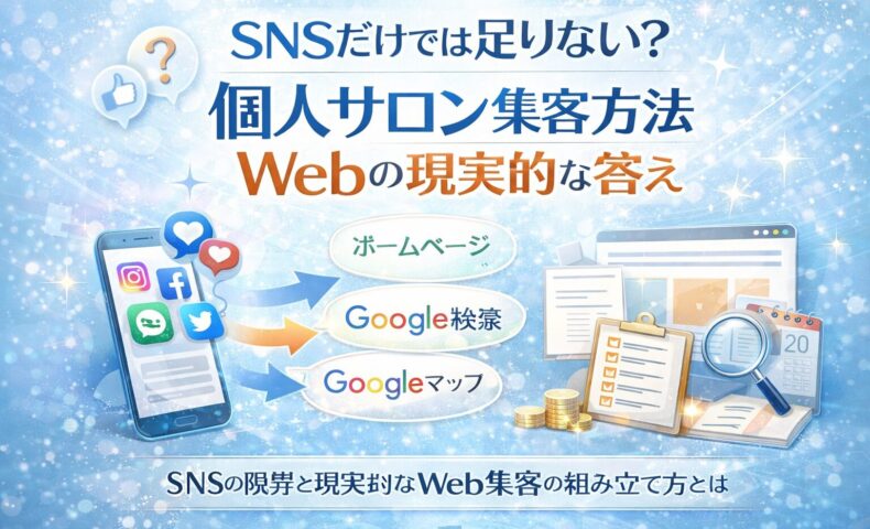 個人サロン集客方法Webとして、SNSからホームページやGoogle検索、Googleマップへ導線をつなぐ全体構造を整理した構成