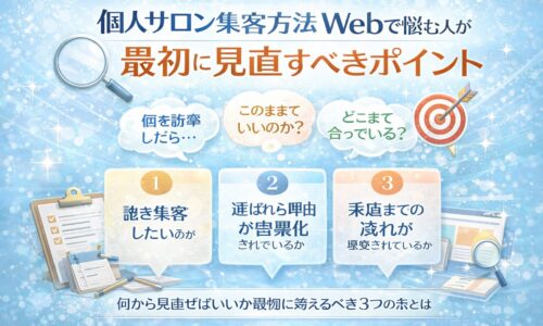 個人サロン集客方法Webで悩む人向けに、集客前に見直すべき三つのポイントを整理して示した構成
