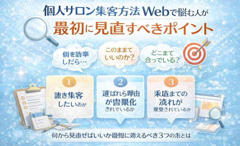 個人サロン集客方法Webで悩む人向けに、集客前に見直すべき三つのポイントを整理して示した構成