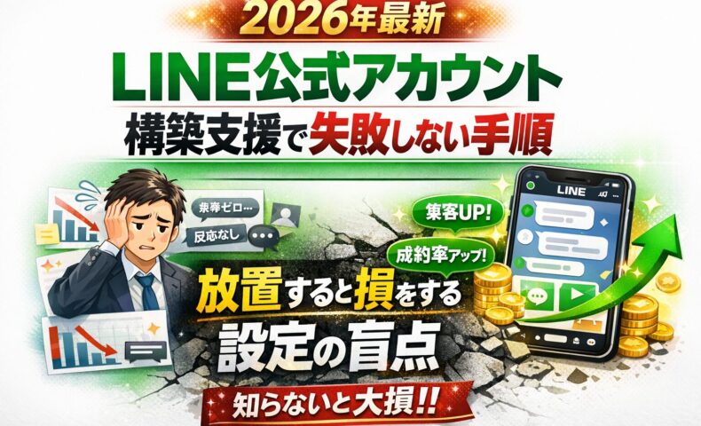 2026年最新のLINE公式アカウント構築支援をテーマに、設定不足で集客や成約を逃す事業主と、正しい設計で成果を伸ばす対比を示しているビジュアル