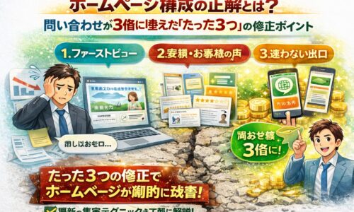 ホームページ構成を見直す前後で、問い合わせが増えない状態と3倍に伸びた状態を、情報配置・導線・成果の違いとして対比的に示している構成