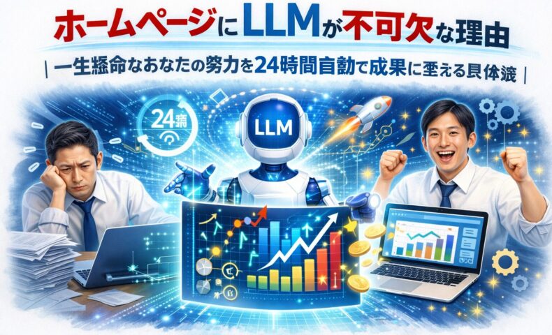 ホームページ LLMを活用し、努力型の作業が24時間自動で成果に変わる仕組みと成長の変化を対比で示した構成