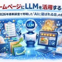 ホームページ LLMを活用し、手順に沿ってAIに評価される店へ変化していく設計プロセスと成果の流れを示した構成