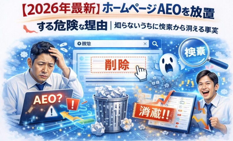 ホームページ AEOを放置した結果、検索結果から削除され可視性が低下する危険性と不安を示す構図