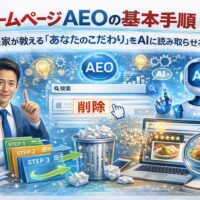ホームページ AEOの基本手順として、専門家の設計意図をAIが理解し、こだわりが正しく評価される流れを示す構成