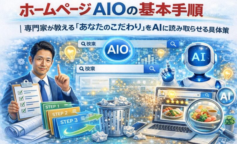 ホームページ AIOの基本手順として、専門家の設計意図やこだわりをAIが理解し評価へ反映する流れを示す構成