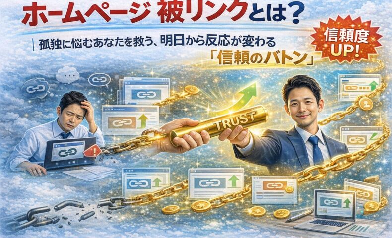 ホームページ 被リンクを信頼の連鎖として受け取り、孤立状態から評価と反応が高まる変化を示した構図