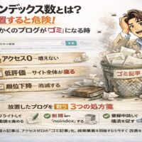 インデックス数とは何かを解説し、検索未登録の記事がゴミ化してアクセスゼロになる危険性と改善策を示すブログ運営イメージイラスト
