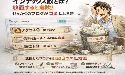 インデックス数とは何かを解説し、検索未登録の記事がゴミ化してアクセスゼロになる危険性と改善策を示すブログ運営イメージイラスト