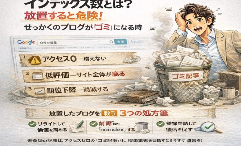 インデックス数とは何かを解説し、検索未登録の記事がゴミ化してアクセスゼロになる危険性と改善策を示すブログ運営イメージイラスト
