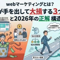 webマーケティングで大損する3つの罠（SNS依存、見た目だけの自己満足サイト、戦略なき丸投げ）と、売上を作る2026年の正解であるAI評価基準を満たした構造化設計（悩み別整理、結論ファースト）を対比した図解。