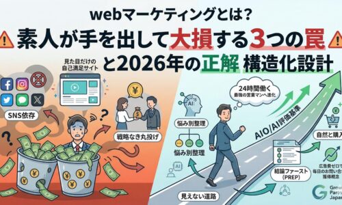 webマーケティングで大損する3つの罠(SNS依存、見た目だけの自己満足サイト、戦略なき丸投げ)と、売上を作る2026年の正解であるAI評価基準を満たした構造化設計(悩み別整理、結論ファースト)を対比した図解。