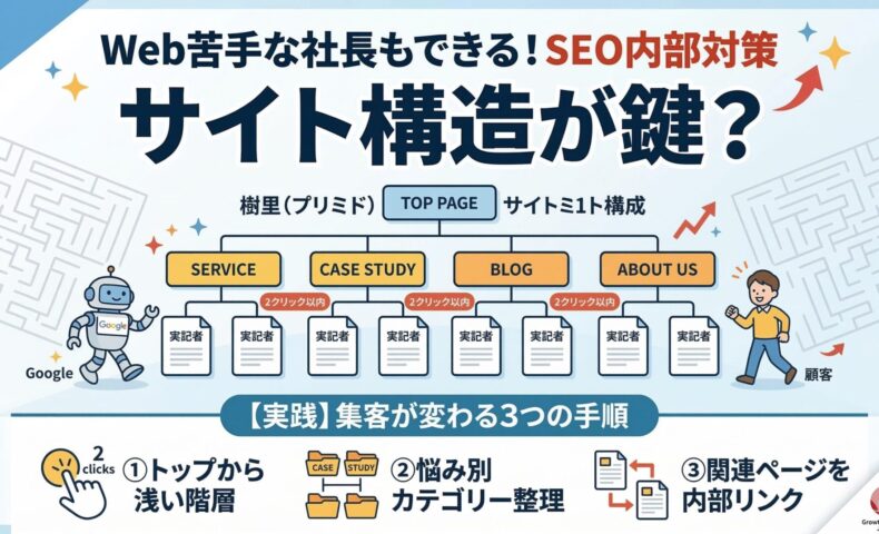 Web苦手な社長でもできるSEO内部対策としてのサイト構造最適化を図解。トップページからの浅い階層（2クリック以内）、悩み別のカテゴリー整理、関連ページの内部リンクという3つの手順で、Googleロボットとお客様を迷わせないツリー型の構成を説明しています。