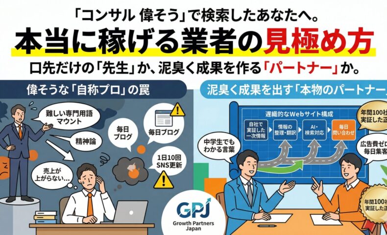 難しい専門用語や精神論でマウントをとる偉そうな「自称プロ」のコンサルタントと、分かりやすい言葉で寄り添い、論理的なサイト構造を共に構築する「本物のパートナー」を左右で対比させた図解イラスト。
