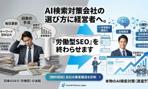 AI検索対策会社の選び方に迷う経営者へ向けた、旧来の労働型SEOと本物の資産型AI検索対策の対比図。毎日更新やキーワード詰め込みで疲弊する経営者が迷路から抜け出し、Web資産を築き笑顔になる様子。Growth Partners Japanが『労働型SEOを終わらせます』と宣言し、無料相談へ誘導するアイキャッチ画像。