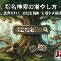 指名検索の増やし方を、森の中で会社名検索へ導く導線と、信頼・評判・認知が育つ木のイメージで表現したアイキャッチ画像