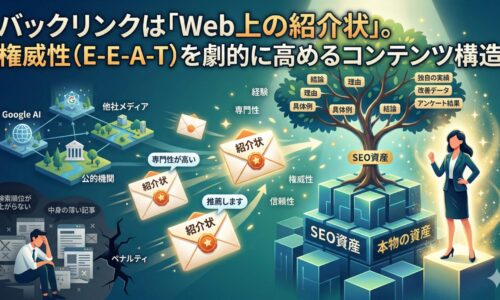 バックリンク（被リンク）対策における、消耗する「小手先テクニック・ペナルティリスク」（左）と、蓄積する「構造設計・信頼構築」（右）の比較インフォグラフィック。左側では暗い渦に「検索順位が上がらない」「中身の薄い記事」と「ペナルティ」に悩む様子。右側では「Google AI」「公的機関」「他社メディア」から「紹介状」の封筒（ラベル：専門性が高い、推薦します、信頼できる）を受け取り、PREP構造とE-E-A-T（経験、専門性、権威性、信頼性）で構成された「SEO資産（本物の資産）」の木を輝く女性が成長させる様子を描写。全体として「権威性（E-E-A-T）を劇的に高めるコンテンツ構造」を示している。