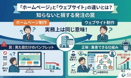 ホームページとウェブサイトの違いを図解。「ホームページ制作」と「ウェブサイト制作」は実務上同じ意味であることを提示。左側は売上が下がる「見た目だけのパンフレット」の罠、右側はAI検索対応の階層構造で問い合わせが急増する「集客できる仕組み」の正解を対比しています。