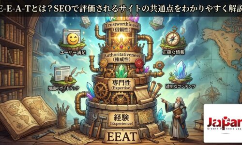 E-E-A-Tの構成要素である経験・専門性・権威性・信頼性を、SEOで評価されるサイトの共通点として図解したアイキャッチ画像