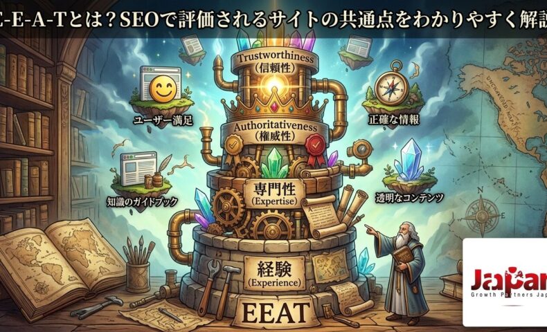 E-E-A-Tの構成要素である経験・専門性・権威性・信頼性を、SEOで評価されるサイトの共通点として図解したアイキャッチ画像