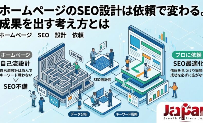 ホームページのSEO設計を自己流で進めた場合と、プロに依頼して最適化した場合の違いを比較し、成果につながる設計の重要性を示したアイキャッチ画像
