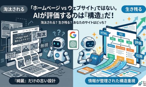 AI時代に淘汰されるサイトと生き残るサイトの違いを図解。左側は画像埋め込みテキストが多く生成AIに無視される綺麗なだけの古い設計。右側はHTMLタグで情報が整理され、AIに正しく評価・引用される構造重視の設計を対比しています。