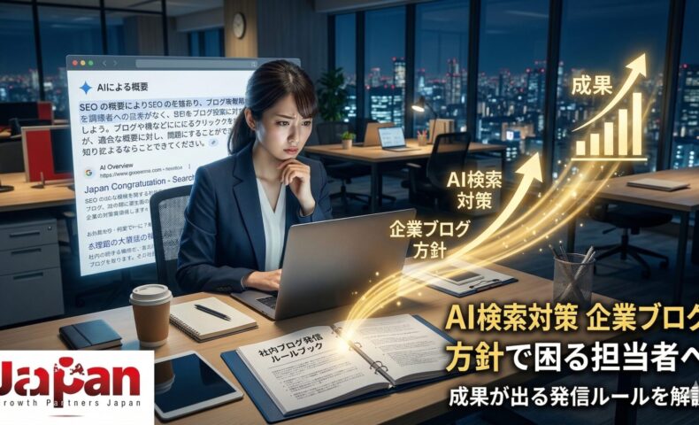 AI検索対策を踏まえた企業ブログ方針の重要性と、成果につながる発信ルール設計を表現したアイキャッチ画像