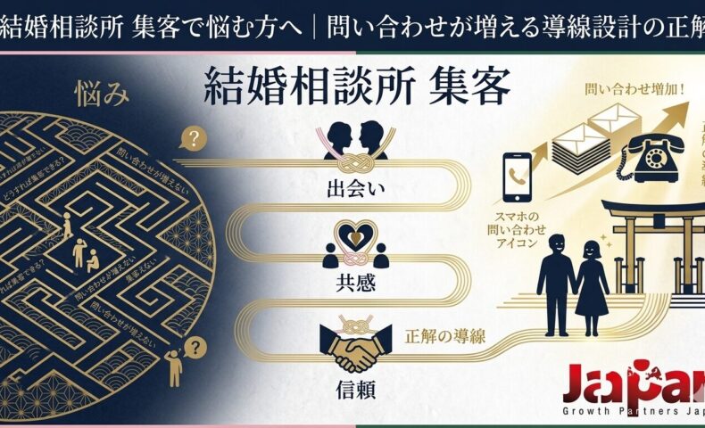 結婚相談所の集客で悩む事業者に向けて、問い合わせが増える導線設計の流れを迷路・出会い・共感・信頼の図解で表現したアイキャッチ画像