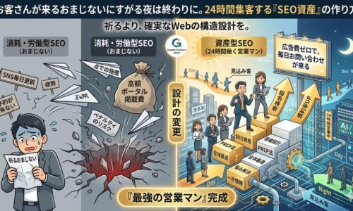 「お客さんが来るおまじない」を探してしまうほどの深い悩みに寄り添いつつ、消耗する「労働型SEO(左)」と、蓄積する「資産型SEO(右)」の比較インフォグラフィック。左側では暗い渦に「SNS毎日更新」「高額ポータル掲載費」を押し込み「ペナルティリスク」に震える様子。右側では「SEO資産」「導線設計」「PREP法」「全体最適」で築かれた「本物の資産」としての「Web不動産」が、24時間体制で見込み客を集め、広告費ゼロで毎日お問い合わせが来る仕組み(最強の営業マン完成)を福岡(博多駅)を背景に描写。