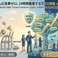 福岡のSEO会社Growth Partners Japanが提供する、労働型SEO（消耗）から資産型SEO（蓄積）への転換を図解したWordPress用アイキャッチ画像。左側の不安定な「点での施策」と「労働型SEO」に対し、右側では「全体最適」「導線設計」「PREP法」で「本物の資産」としての「SEO資産」を築き、広告費ゼロで24時間安定して見込み客から毎日お問い合わせが来る仕組みを表現。