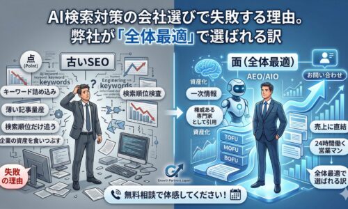 AI検索対策の会社選びにおける失敗と成功の構造を対比した図解。左側は「キーワード詰め込み」や「薄い記事量産」といった点の施策(古いSEO)で資産を食いつぶし疲弊する様子。右側は「一次情報」や「TOFU・MOFU・BOFU」の階層を用いて面(全体最適)で資産化し、売上に直結させる本質的なAEO/AIOの設計。下部にはGrowth Partners Japanの無料相談への案内が配置されています。