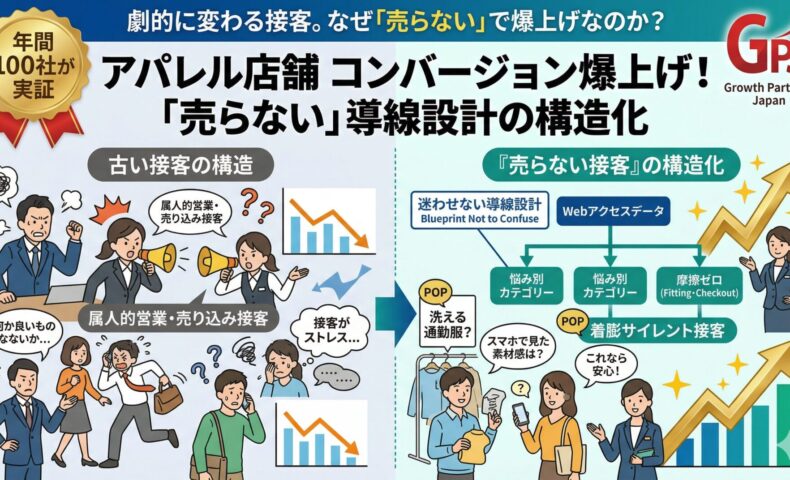 属人的な売り込みで客離れが起きる古いアパレル接客と、WebデータやPOPを活用した「サイレント接客」で売上が伸びる新しい構造化を対比させた図解イラスト。