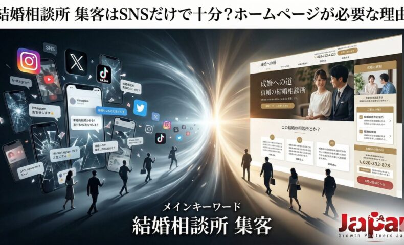 結婚相談所の集客において、SNS集客だけでは不十分でホームページが信頼形成に必要であることを表現したアイキャッチ画像