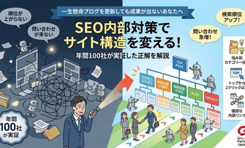 SEO内部対策でサイト構造を変える手順を図解。ブログを更新しても成果が出ない複雑な状態から、悩み別カテゴリー分類、トップから2クリック以内、強固な内部リンクの3つの手順で整理し、検索順位と問い合わせを増やす年間100社が実証した正解を解説しています。