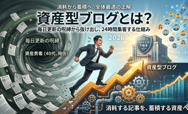 資産型ブログとは？毎日更新の呪縛から抜け出し、24時間集客する仕組みの記事用アイキャッチ画像。左側では、日記や一時的なトレンドなどの労働型発信（フロー型）により、書くのをやめた瞬間に集客が止まる「消耗」の状態をネガティブな渦で表現。右側では、お客様の普遍的な悩みを網羅的に解決する記事を論理的な構造で整理整頓し、GoogleやAI検索に評価され続ける「蓄積」の状態をポジティブなビルと成長曲線で表現。点の発信を線の導線へ変える「全体最適」の正解を図解しています。日本語の記事タイトルテキストが含まれています。
