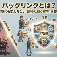 バックリンク（被リンク）対策における、消耗する「労働集約型・ペナルティリスク」（左）と、蓄積する「資産型・信頼構築」（右）の比較インフォグラフィック。左側では暗い渦に「リンク購入」「自作自演」を押し込む様子。右側では「第三者」や「他のWebサイト」から「一次情報」「独自実績」「PREP構造」「E-E-A-T」のブロックを受け取り、輝く「信頼」の盾を築く様子を描写。ブロックを繋ぐ線には「バックリンク」「紹介状」のラベル。全体として「検索上位」「集客数UP」への道筋を示している。