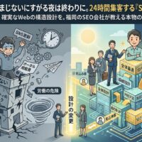 福岡のSEO会社Growth Partners Japanが提供する「全体最適」による集客資産構築を図解したアイキャッチ画像。左側は、おまじない、SNS毎日更新、広告、ポータル依存で消耗し「ペナルティリスク」に震える労働型施策を描写。右側は、強固な「SEO資産」としてのWeb不動産が、PREP法や導線設計、全体最適に基づき、広告費ゼロで24時間体制で見込み客を集め続ける(毎日お問い合わせ)成功イメージを描いています。