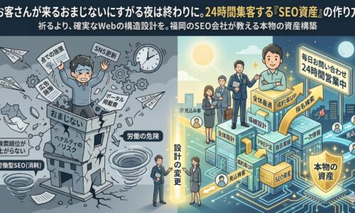 福岡のSEO会社Growth Partners Japanが提供する「全体最適」による集客資産構築を図解したアイキャッチ画像。左側は、おまじない、SNS毎日更新、広告、ポータル依存で消耗し「ペナルティリスク」に震える労働型施策を描写。右側は、強固な「SEO資産」としてのWeb不動産が、PREP法や導線設計、全体最適に基づき、広告費ゼロで24時間体制で見込み客を集め続ける(毎日お問い合わせ)成功イメージを描いています。