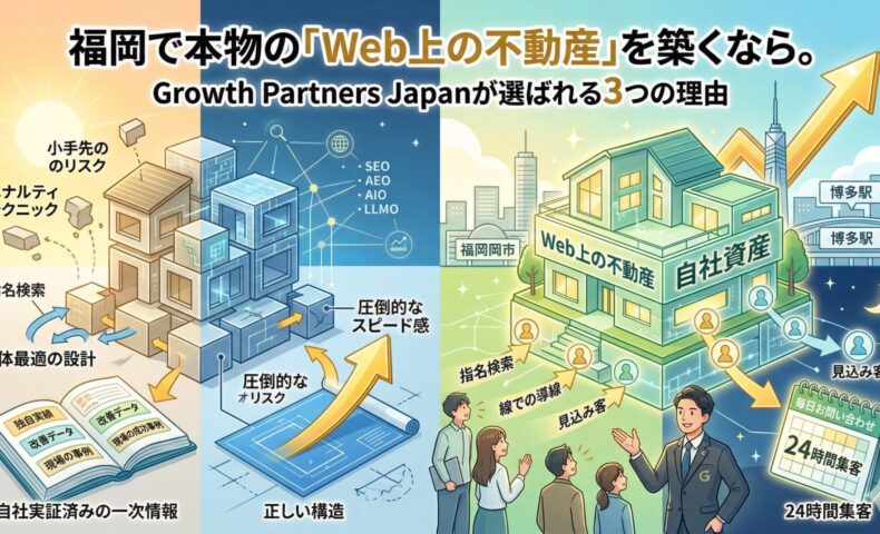 代替テキスト（Alt Text） 福岡のSEO会社Growth Partners Japanが提供する「Web上の不動産（自社資産）」構築の仕組みを図解したインフォグラフィック。左側は小手先のテクニックやペナルティのリスクを排し、自社実証済みの一次情報と全体最適の設計（正しい構造）で土台を作る様子。右側は福岡市（博多駅）を背景に、強固に構築されたWeb上の不動産が「線での導線」を通じて、24時間体制で見込み客を集め続ける（毎日お問い合わせ）仕組みを描いています。