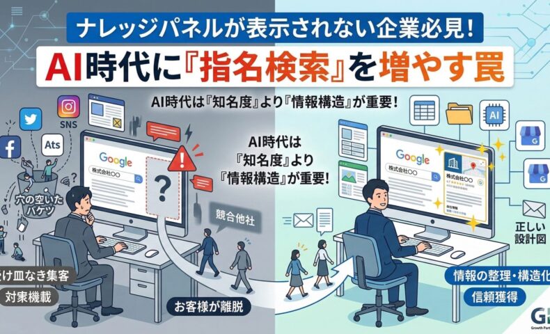 ナレッジパネルが表示されないまま指名検索を増やす罠を図解。左側は受け皿がなくお客様が競合他社へ離脱してしまう穴の空いたバケツ状態。右側は情報の整理と構造化によって正しい設計図を描き、ナレッジパネルを表示させて信頼を獲得している状態を対比しています。