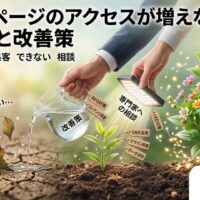 ホームページのアクセスが増えず枯れた植物のような状態から、専門家への相談とSEO対策・SNS活用・データ分析・デザイン改善によって成長していく様子を表したアイキャッチ画像