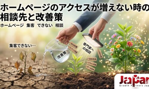 ホームページのアクセスが増えず枯れた植物のような状態から、専門家への相談とSEO対策・SNS活用・データ分析・デザイン改善によって成長していく様子を表したアイキャッチ画像