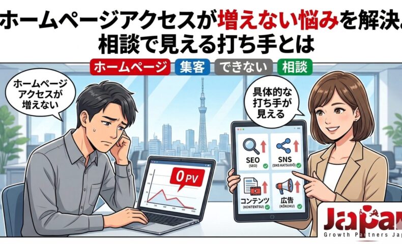 ホームページアクセスが増えず悩む事業主が、相談を通じてSEO・SNS・コンテンツ・広告の打ち手を整理しているアイキャッチ画像