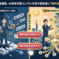 旧来の労働型SEOの限界と、Growth Partners Japanが提供する資産型AI検索対策の違いを図解したインフォグラフィック。左側は「被リンクの購入」や「薄い記事の量産」といった点での施策により足元が崩れ、疲弊する経営者の様子。右側は自社の「一次情報」を元に、「定義・背景・理由・結論」という論理構造を積み上げ、広告費ゼロで24時間集客する「本物の資産（SEO資産）」を構築している様子。中央には、正しい設計図を手に入れる分岐点として「無料相談を体感する」ボタンが配置されています。