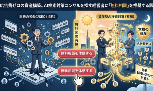 旧来の労働型SEOの限界と、Growth Partners Japanが提供する資産型AI検索対策の違いを図解したインフォグラフィック。左側は「被リンクの購入」や「薄い記事の量産」といった点での施策により足元が崩れ、疲弊する経営者の様子。右側は自社の「一次情報」を元に、「定義・背景・理由・結論」という論理構造を積み上げ、広告費ゼロで24時間集客する「本物の資産(SEO資産)」を構築している様子。中央には、正しい設計図を手に入れる分岐点として「無料相談を体感する」ボタンが配置されています。