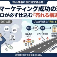 webマーケティング成功の理由を図解。左側はSNSやブログなどの単発の施策（点）に迷い資金を失う罠。右側は悩み別の入り口、2クリック以内の階層、PREP法の文章展開を用いて、プロが仕込む「売れる構造（線）」へと繋がり、問い合わせを生む仕組みを対比しています。
