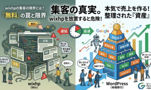 wixhpの集客の限界と無料の罠を図解。左側は広告表示や表示遅延、複雑な構造で問い合わせが来ない状態。右側はWordPressへ本格移行し、綺麗に整理されたピラミッド型のサイト構造でGoogleからの評価と顧客の信頼を獲得し、売上を作る資産になった状態を対比しています。